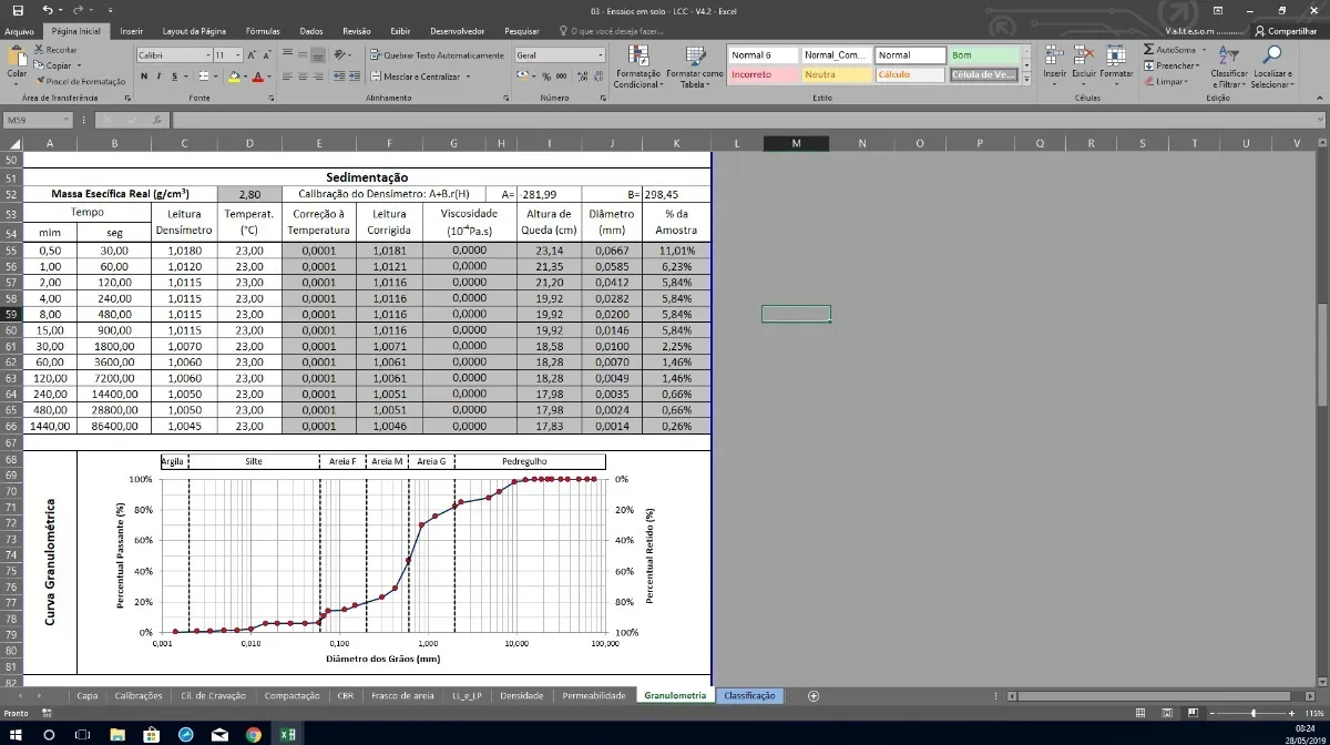 Planilha Granulometria Solos - Peneiramento Sedimentação